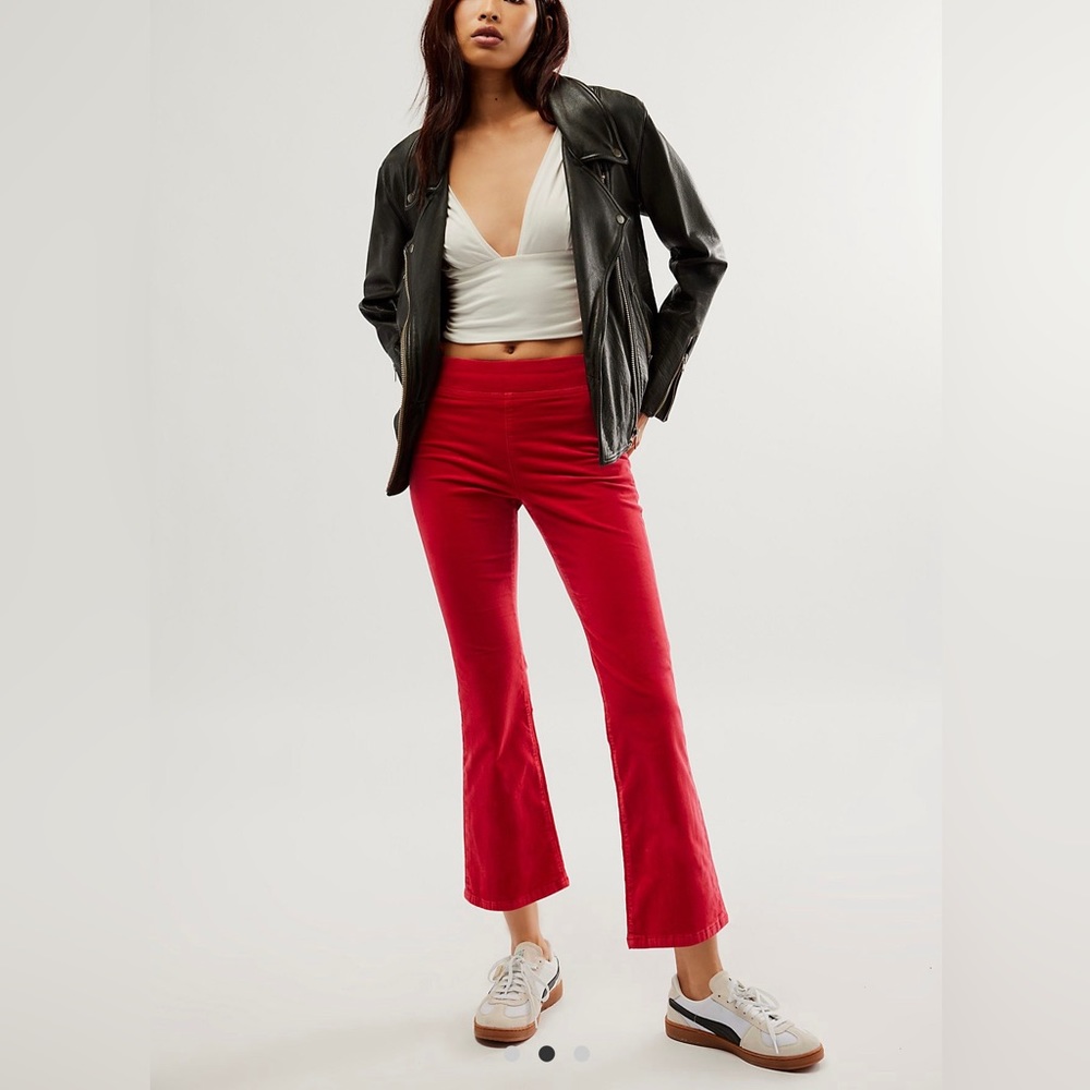 Free People “In My Feelings” Velvet Crop Slim Flare Pants -Red Racer Sz MED